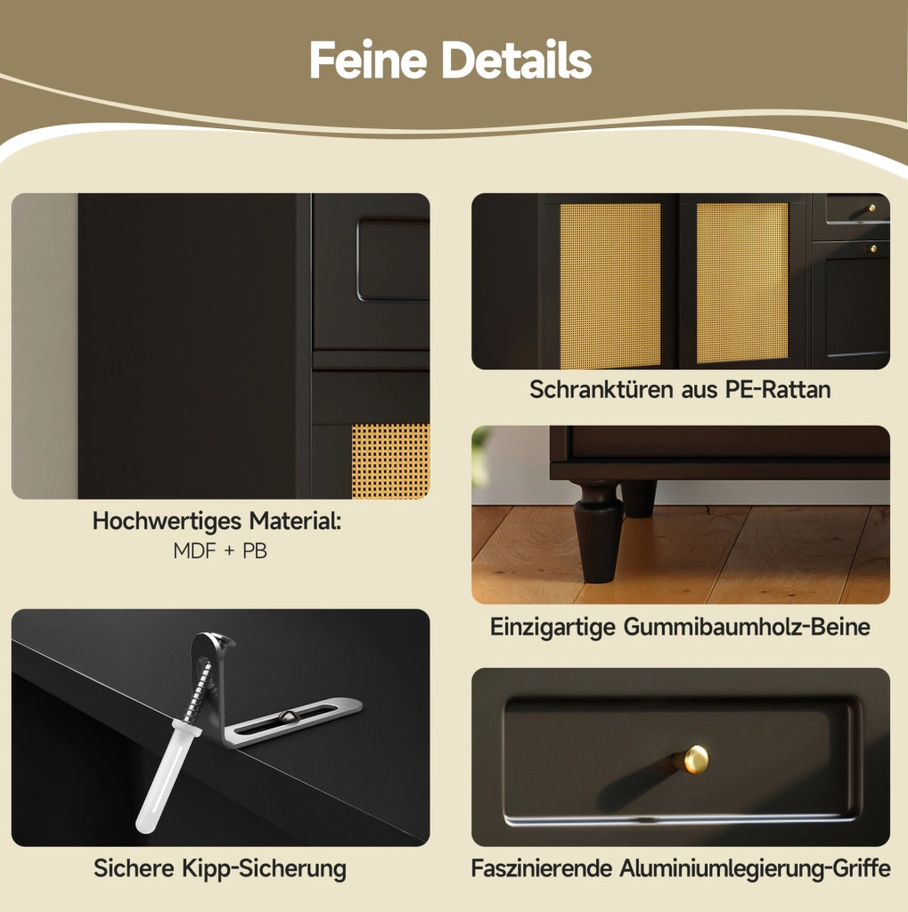 Credenza alta con LED e ante scorrevoli in rattan PE, nera