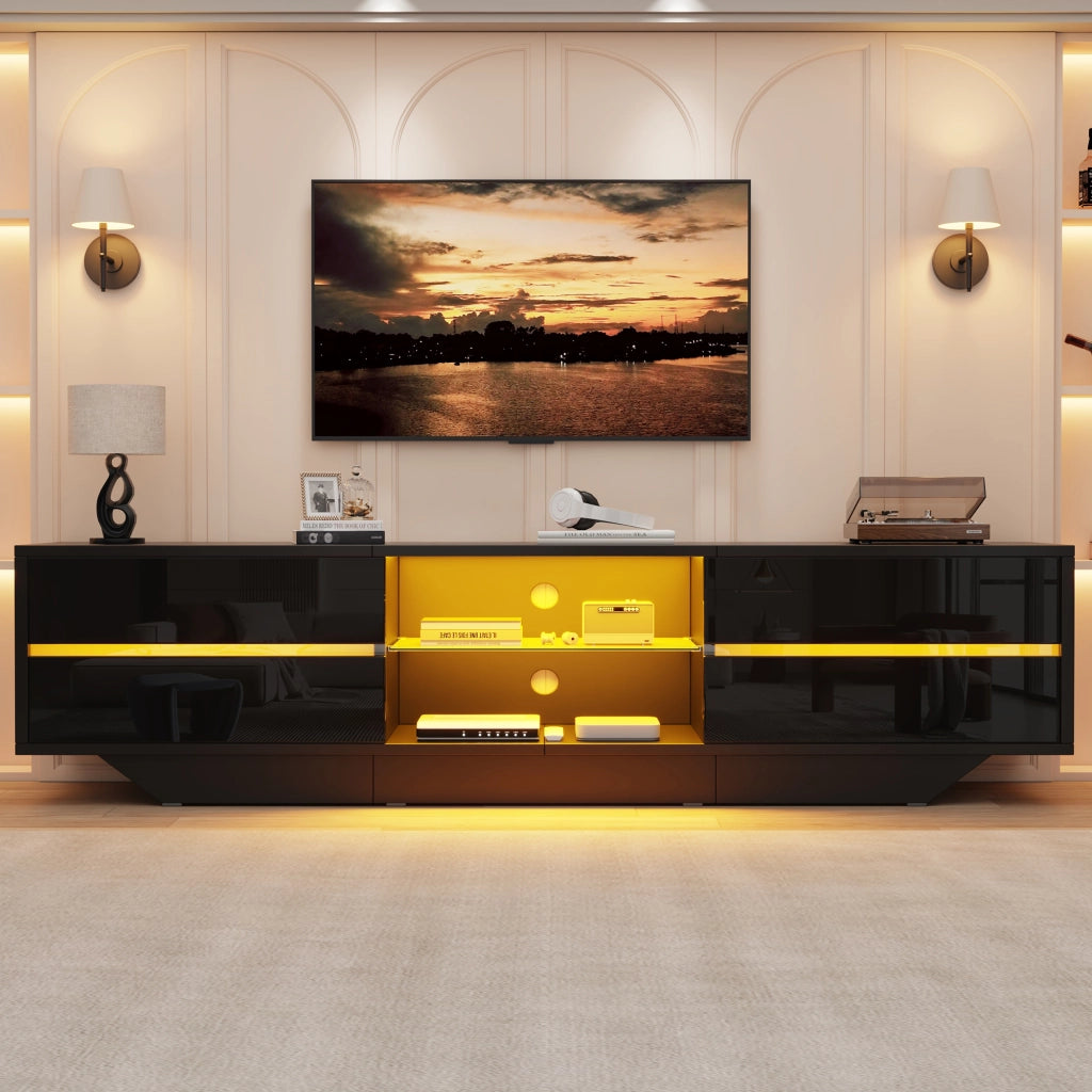 Mobile TV lucido nero 160¡Á35¡Á44,5 cm con illuminazione LED RGB, 4 vani e ante a ribalta