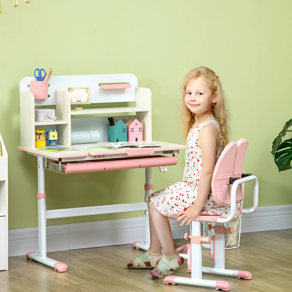 Scrivania Bambini con Sedia Regolabile e Piano Inclinabile ¨C Zephmum ¨C Rosa 90x50x