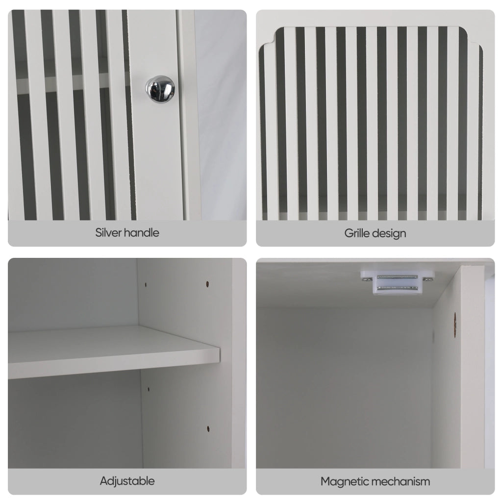 Armadio da bagno alto bianco con ripiani regolabili e ante a lamelle