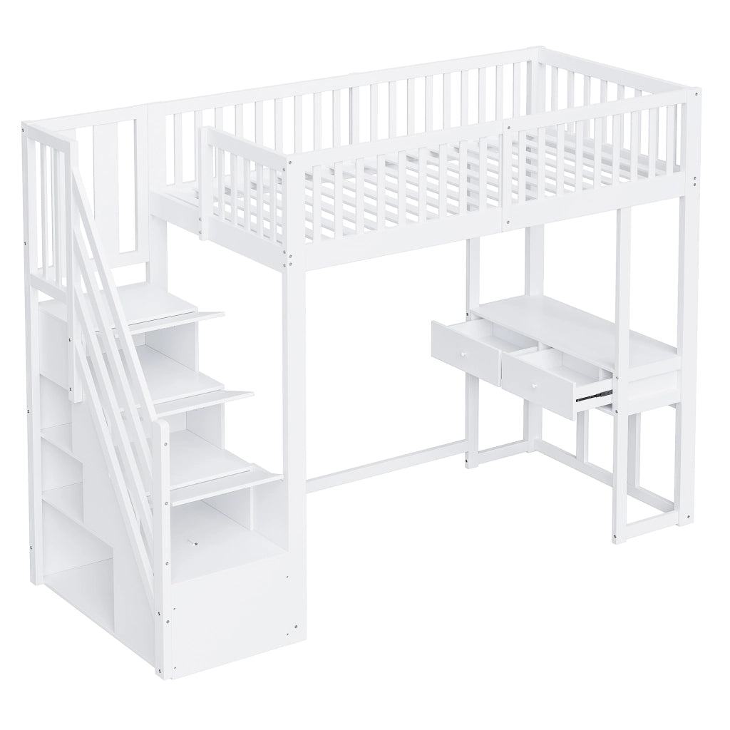 Letto a soppalco 90 x 200 cm; singolo con scala contenitore e scrivania; senza materasso; Bianco