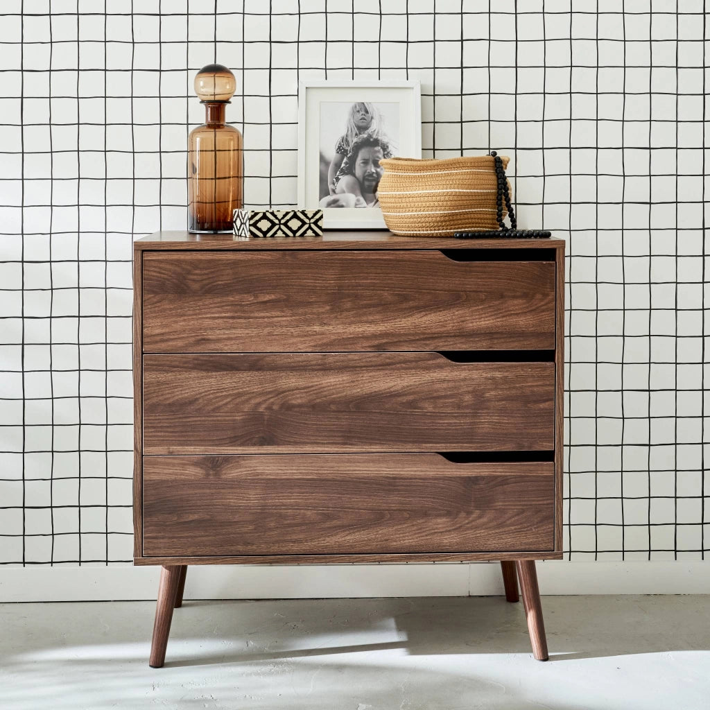 Cassettiera effetto legno di noce, 3 cassetti, marrone