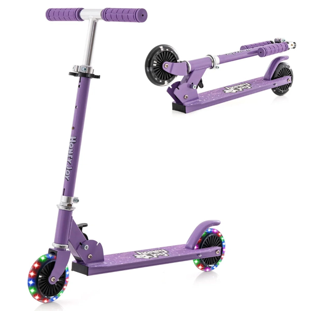 Monopattino pieghevole per bambini 66 x 26 x 80 cm con ruote lampeggianti manubrio regolabile design divertente realizzato in lega di alluminio viola 20_0014594