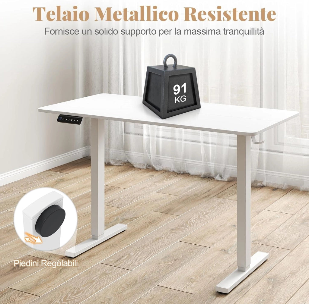 Scrivania Elettrica Ergonomica 120 x 60 cm, 3 Memorie di Altezza, Protezione Anti-Collisione e Gancio per Cuffie, Scrivania Regolabile in Altezza per Ufficio e Casa (Bianco)