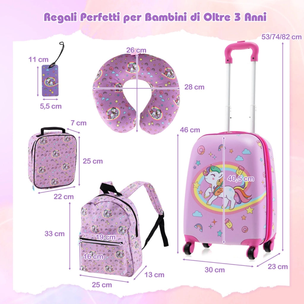 Valigie per bambini 5 pezzi con ruote, Valigia con cuscino per il collo etichetta per bagaglio per ragazzi e ragazze Rosa-Bagagli e borse
