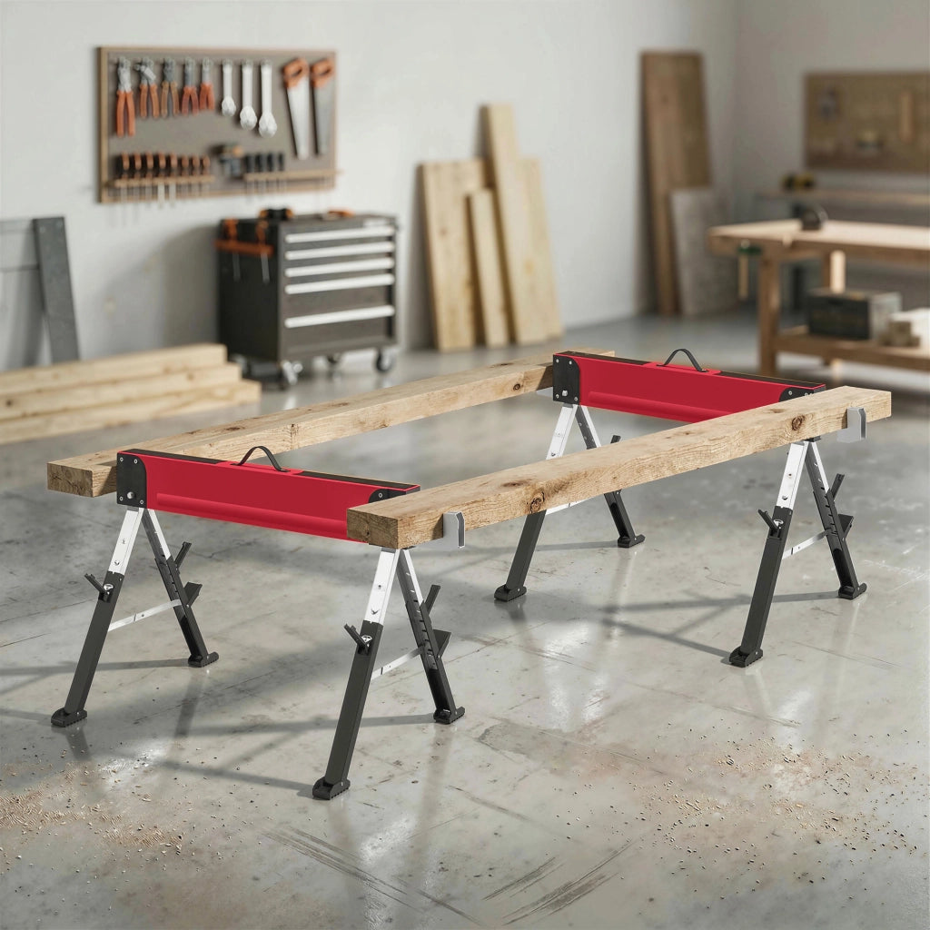 Cavalletto da Lavoro Pieghevole Set 2 Pezzi ¨C Xylo ¨C Capacit¨¤ 1160 kg Altezza Regolabile 64-81 cm Metallo Rosso