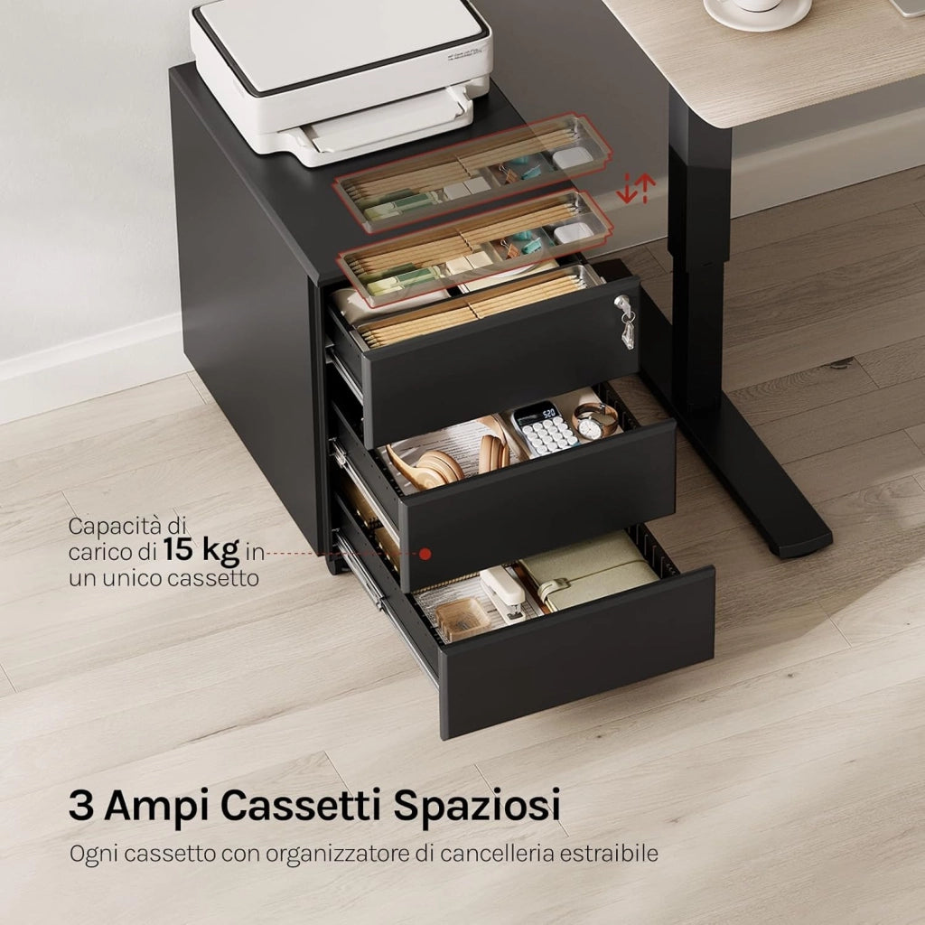 Cassettiera da Ufficio Scrivania Studio con Rotelle Mobiletto con 3 Cassetti e Serratura per Documenti Cartelle Sospese Cancelleria, Pre-Assemblato, metallo Nero SK024sz