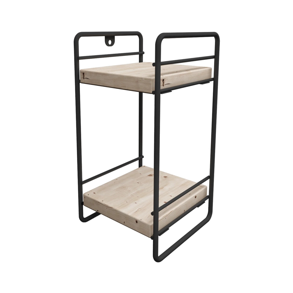 Scaffale dal design senza tempo per soggiorno/camera da letto mobiletto portaoggetti da tavolo a 2 ripiani metallo e legno di pino 26 x 14 x 13 cm nero naturale 03_0011185
