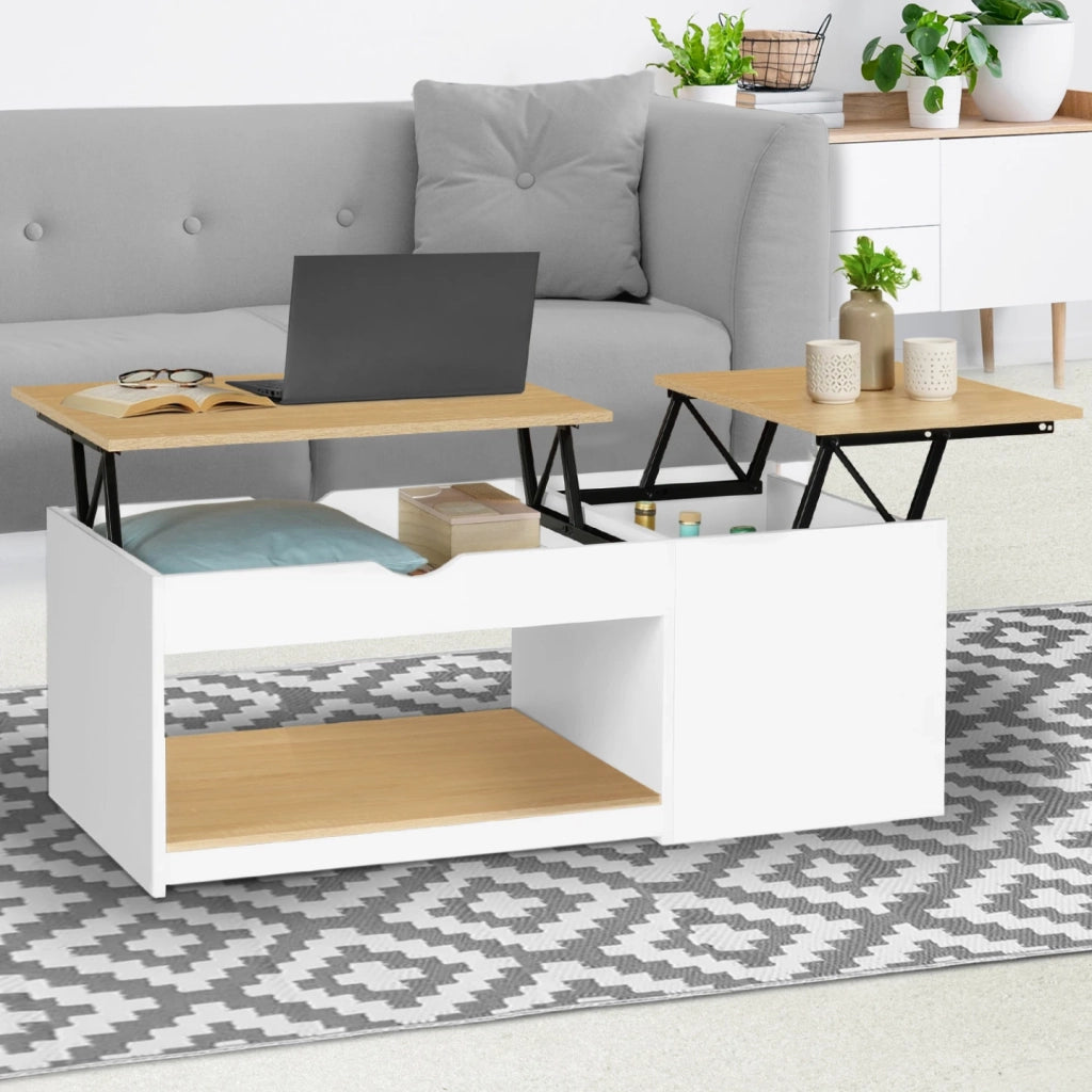 IDMarket - Tavolino ELEA a 2 ante sollevabili con struttura in legno bianco ed effetto faggio