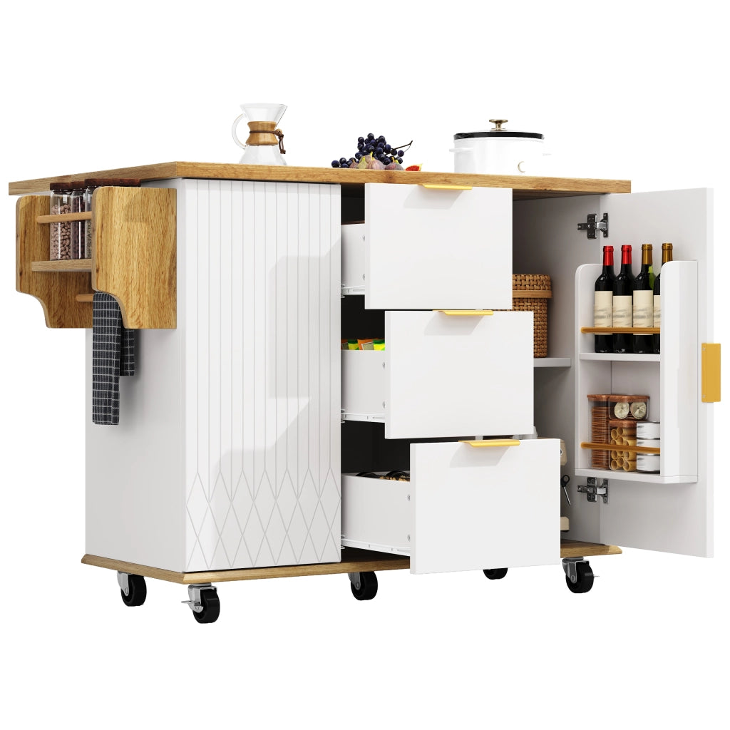 Carrello da Cucina con Piano Pieghevole e Presa Elettrica ¨C MINIMAL ¨C Bianco effetto legno, con Ruote, 70kg