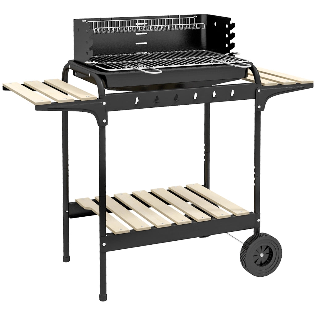 Barbecue a carbone con piede, griglia regolabile, 2 ruote e 3 ripiani ¨C zephmum ¨C nero