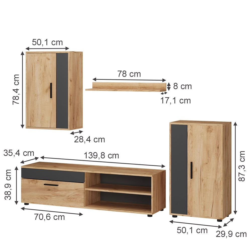 Vicco Parete attrezzata Quercia dorata/antracite set, 4 parti