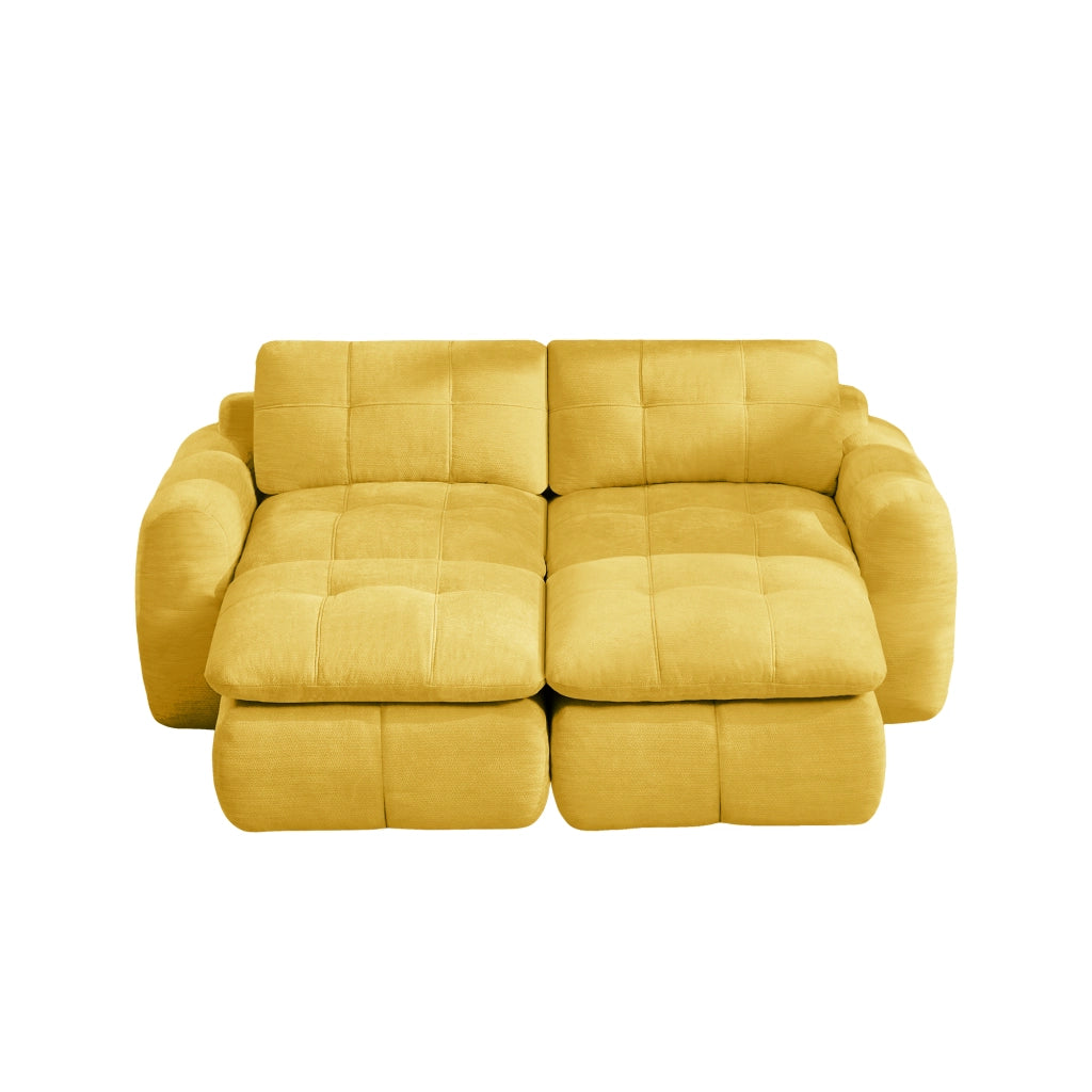 Divano modulare 2 posti senza montaggio con pouf; seduta ampia in tessuto chenille - giallo