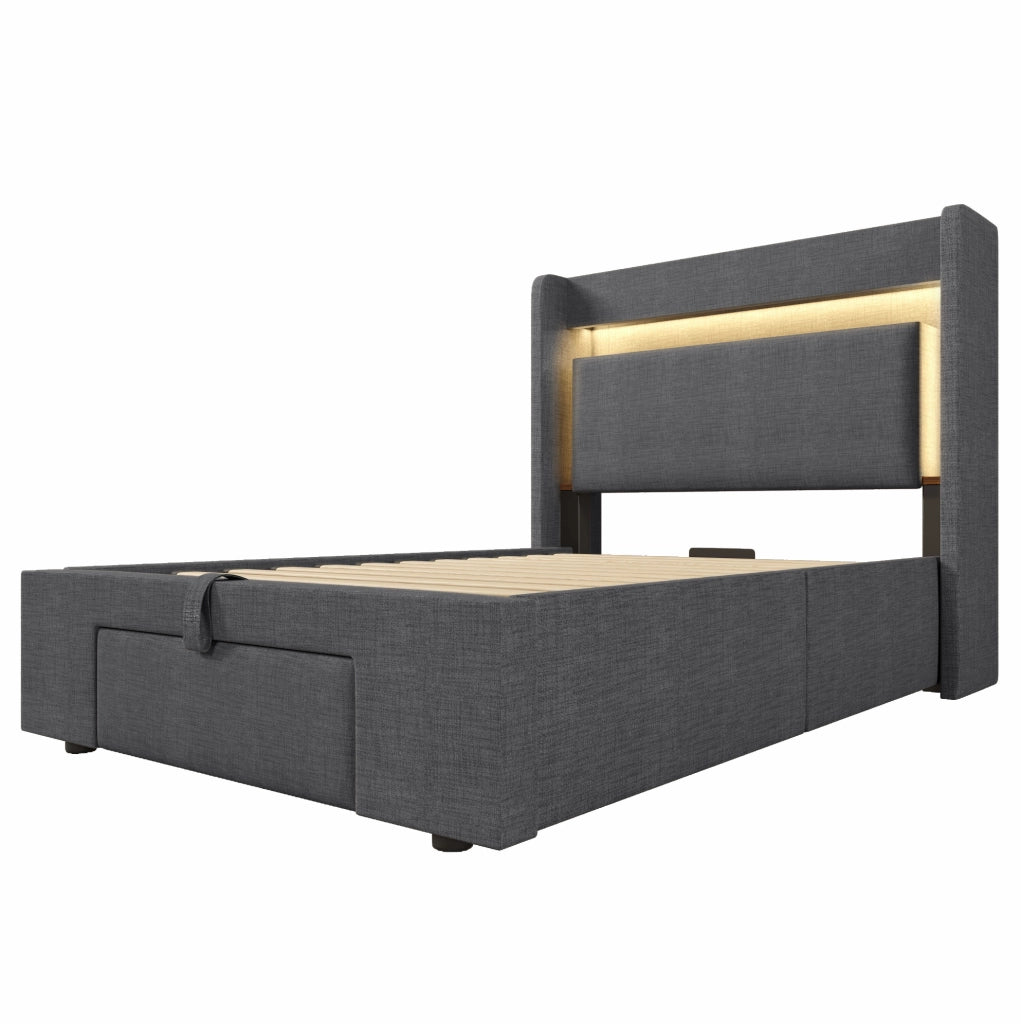Letto imbottito 90x200 cm con contenitore idraulico; LED; USB e USB C; lino grigio