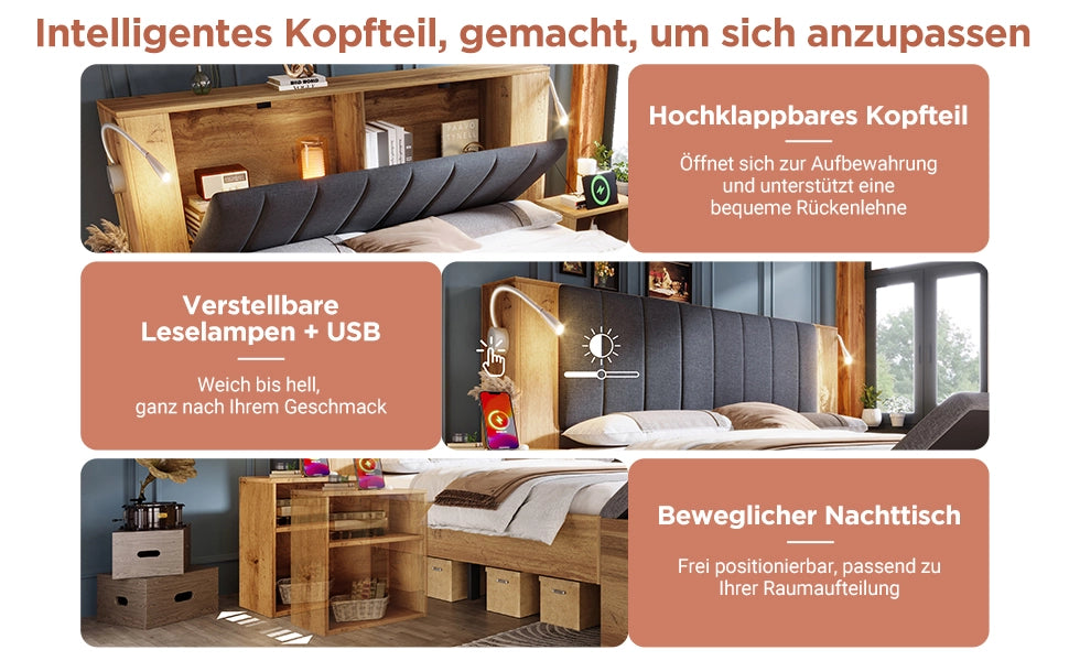 Letto Contenitore Matrimoniale con Testiera, Doghe, LED e Comodini ¨C MINIMAL ¨C Rovere 160x200 con materasso