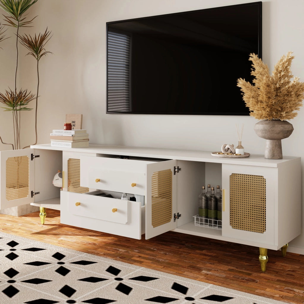 Mobile TV con 4 Ante in Rattan PVC e 2 Cassetti Push-to-Open per Soggiorno in Pannello di Particelle Bianco 175 × 38 × 55.5 cm