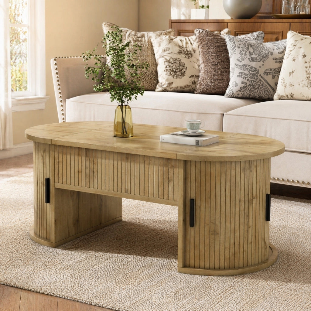 Tavolino basso sollevabile con piano regolabile e ripiani aperti in MDF effetto rovere, ovale, 100 × 50 × 40,5 cm