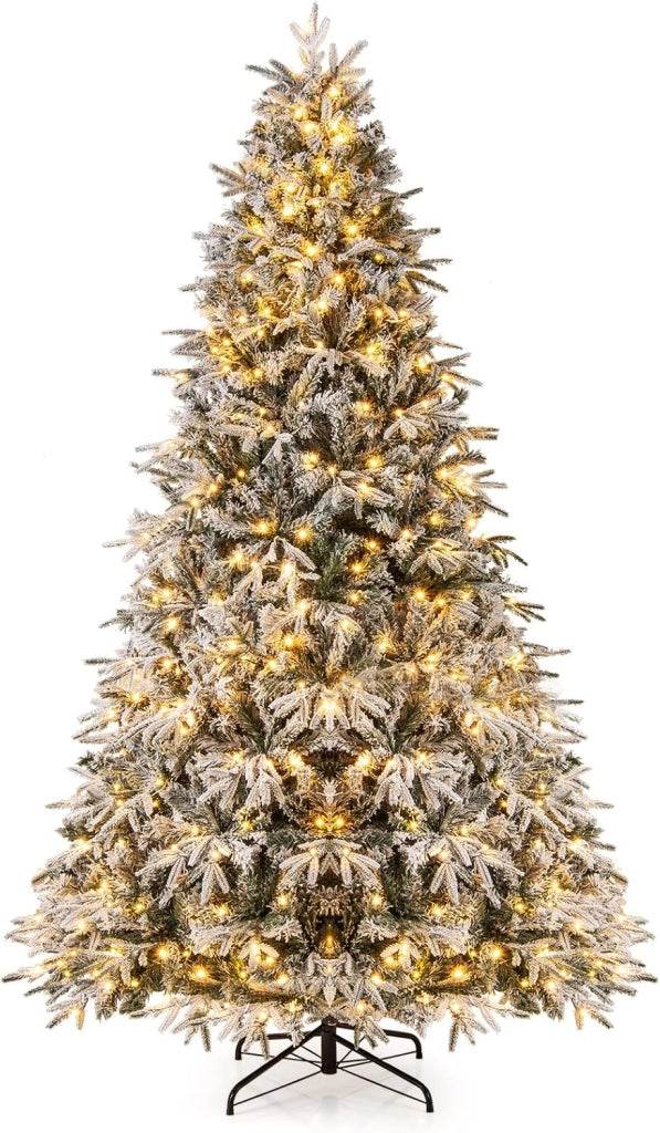 Albero di Natale Innevato 270 cm, Albero di Natale Innevato Pre-illuminato con 600 Luci LED Bianco Caldo, 2198 Punte di Rami e Base in Metallo Pieghevole (270 cm)