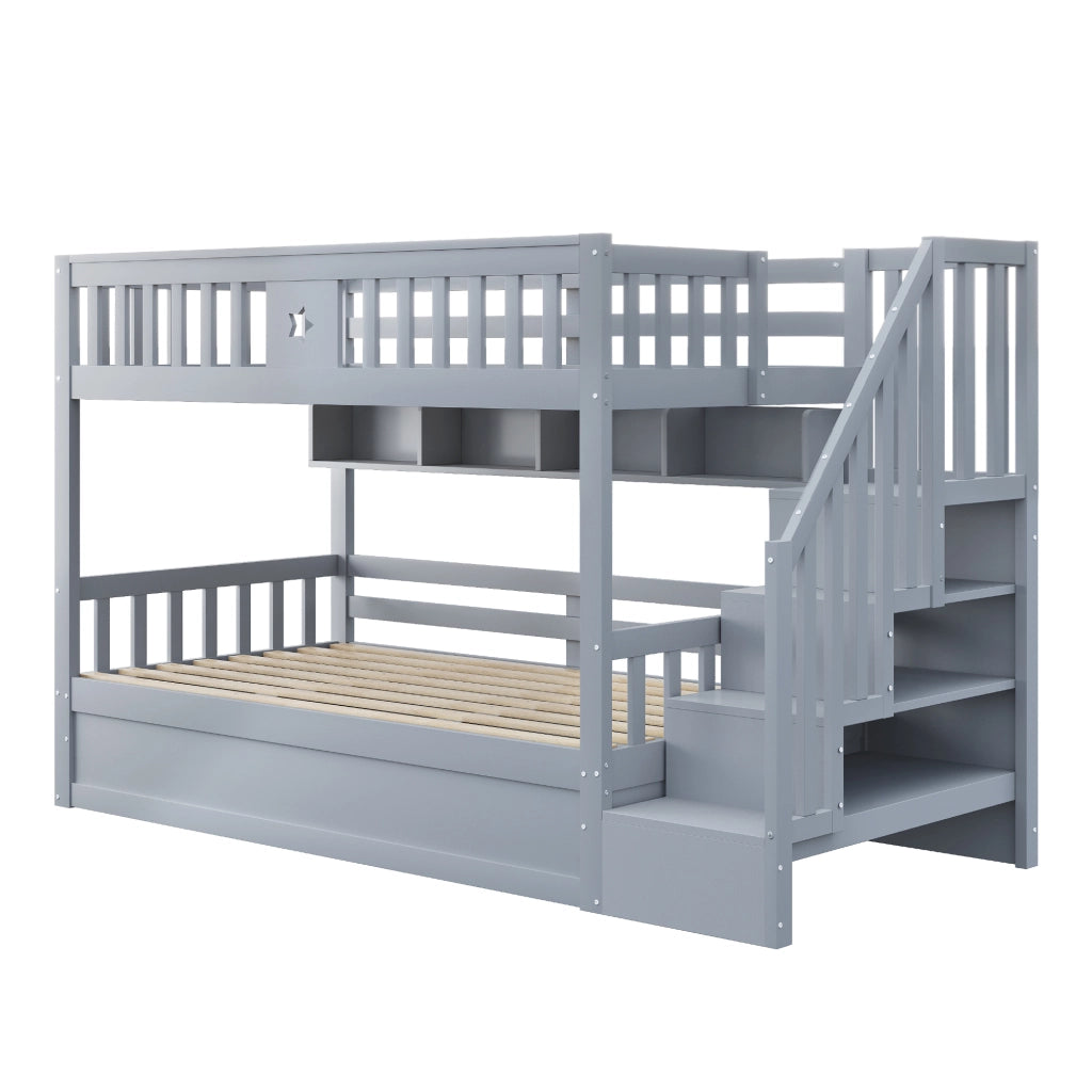 Letto a castello 90x200 cm con letto inferiore idraulico, scala con vani contenitore e scaffali, grigio