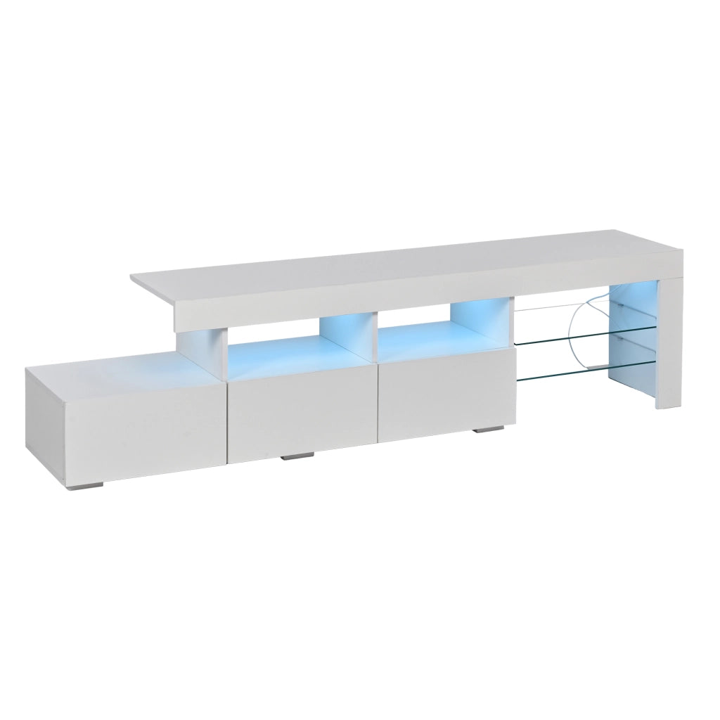 Mobile TV bianco lucido da 180 cm con LED, 3 cassetti, 7 vani e 2 ripiani in vetro