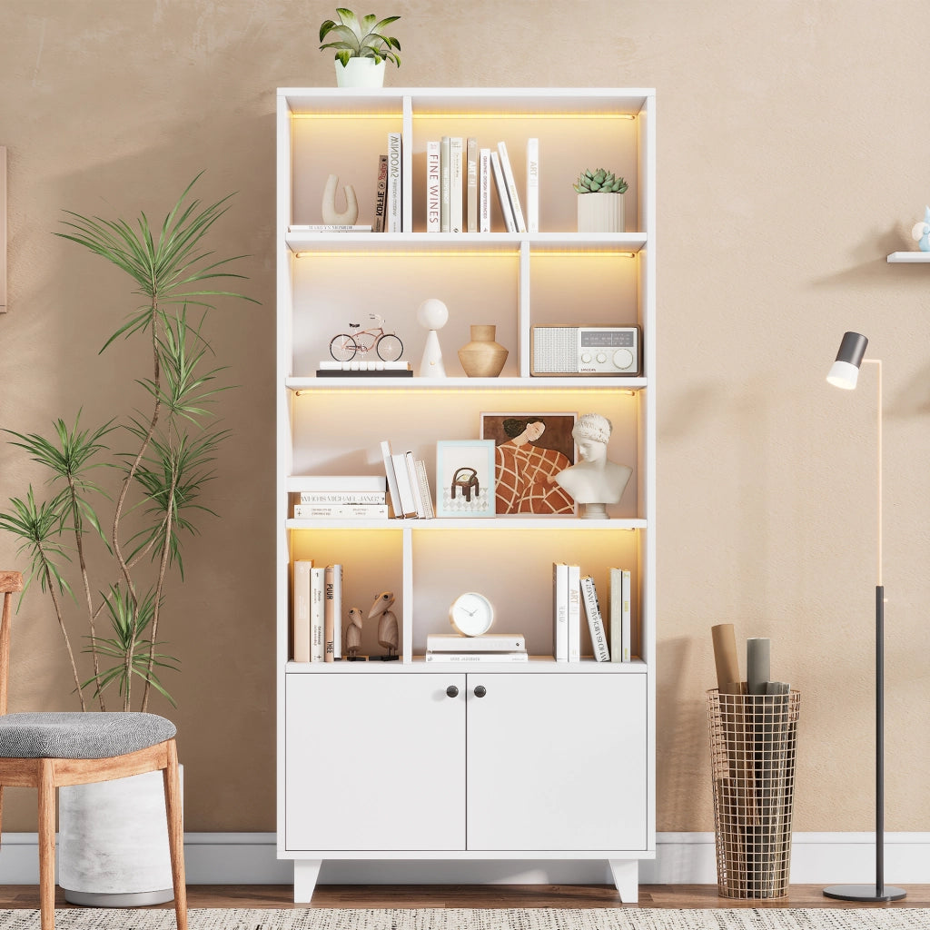 Libreria 80 x 30 x 173 cm con luci LED, 7 scomparti, ante doppie e struttura in MDF con piedi in legno massello