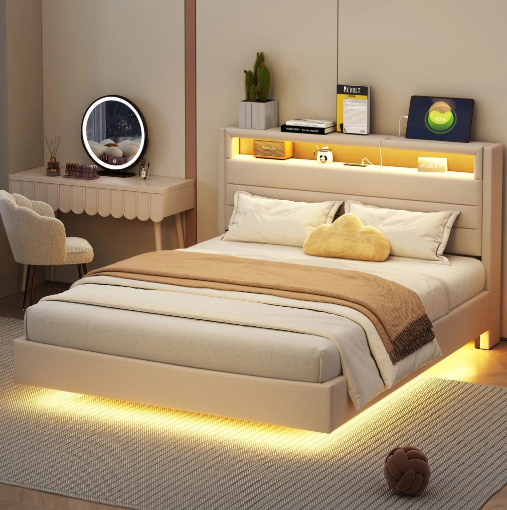 Letto matrimoniale imbottito 140x200 cm; USB e LED; testiera reversibile; tessuto beige (Senza materasso)
