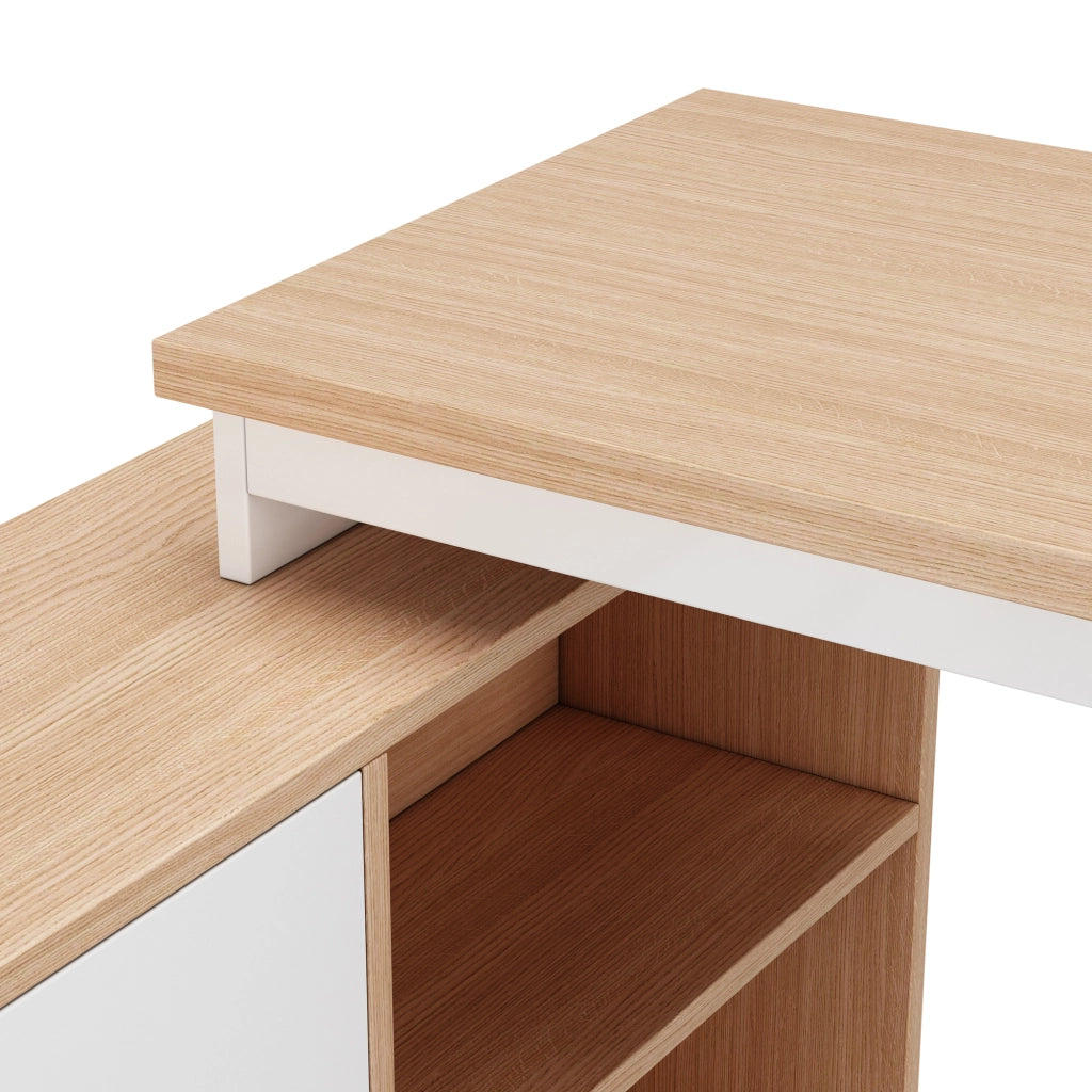 Scrivania moderna con 3 cassetti e 2 vani a giorno, piano in MDF da 18 mm, struttura in metallo, colore naturale e bianco
