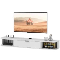 Mobile TV sospeso, per televisori fino a 127 cm, cassetto ribaltabile, 2 ripiani 120x24x16cm, Bianco