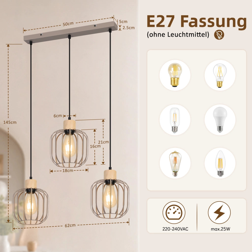 ZMH Lampada a Sospensione 3 Luci Grigio Legno E27 Moderna per Cucina Isola Soggiorno Camera Senza Lampadina