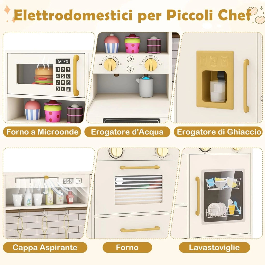 Cucina Giocattolo per Bambini, Set Cucina Gioco in Legno con Macchina per Ghiaccio, Caffettiera, Lavastoviglie e Accessori, Luci e Suoni, Regalo di Ruolo per Bambini 3+ Anni