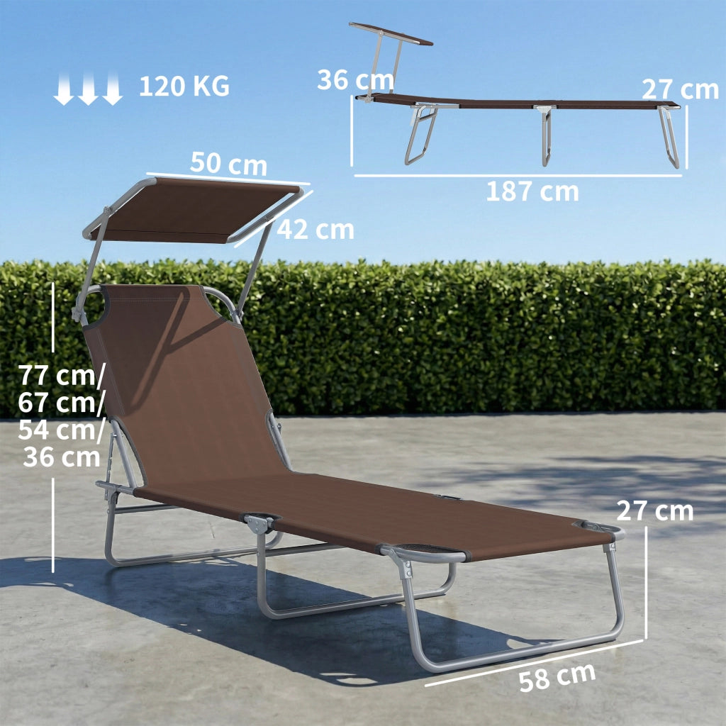 Lettino Prendisole da Giardino Pieghevole e Regolabile con Tettuccio in Tessuto Marrone, 187x58x50 cm