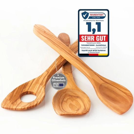 Set di cucchiai in legno di olivo 3 pezzi, 30 cm, prodotti in Germania, con cucchiaio, cucchiaio da servire e cucchiaio a punta, in legno di olivo di alta qualità, resistente e antibatterico