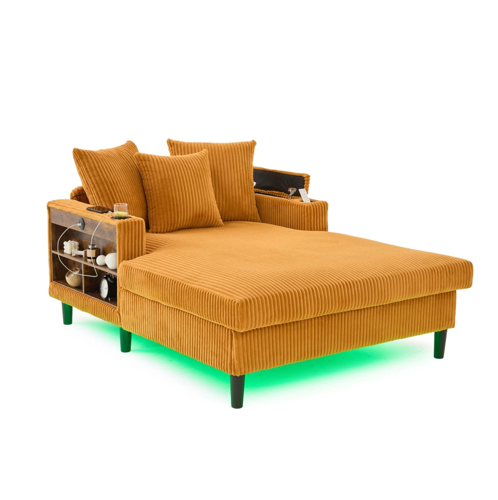 Chaise longue in velluto a coste giallo senape con LED e USB