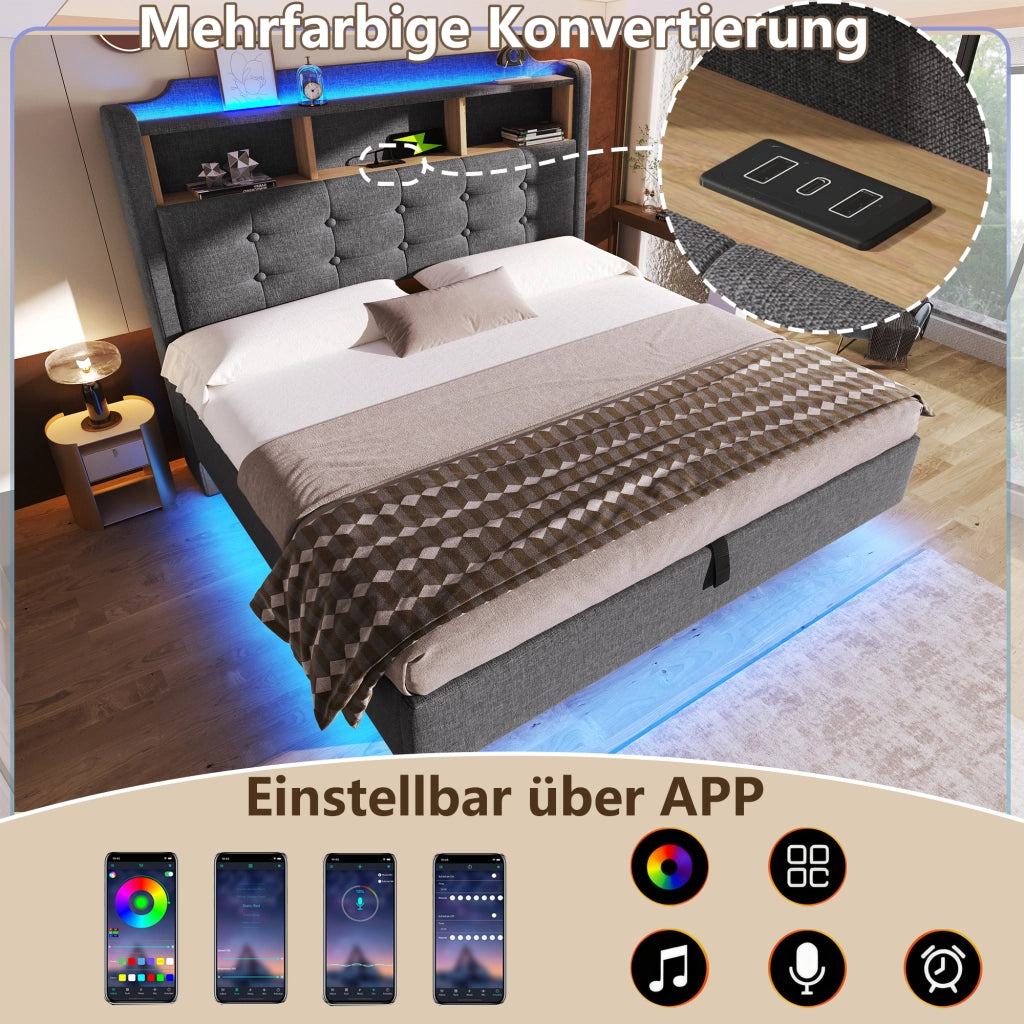 Letto imbottito idraulico con USB LED 140x200 cm colore grigio lino