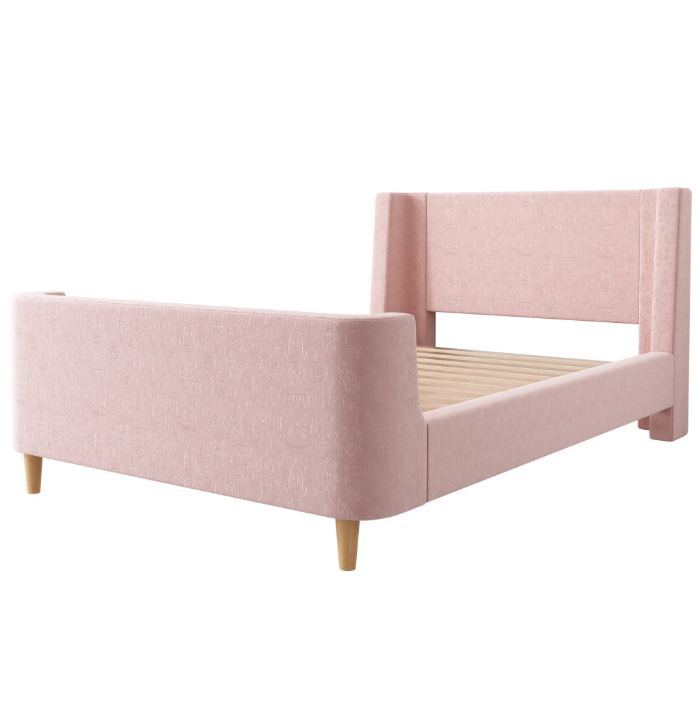 Letto singolo per bambini rosa 90x200 cm in velluto con motivo spaziale