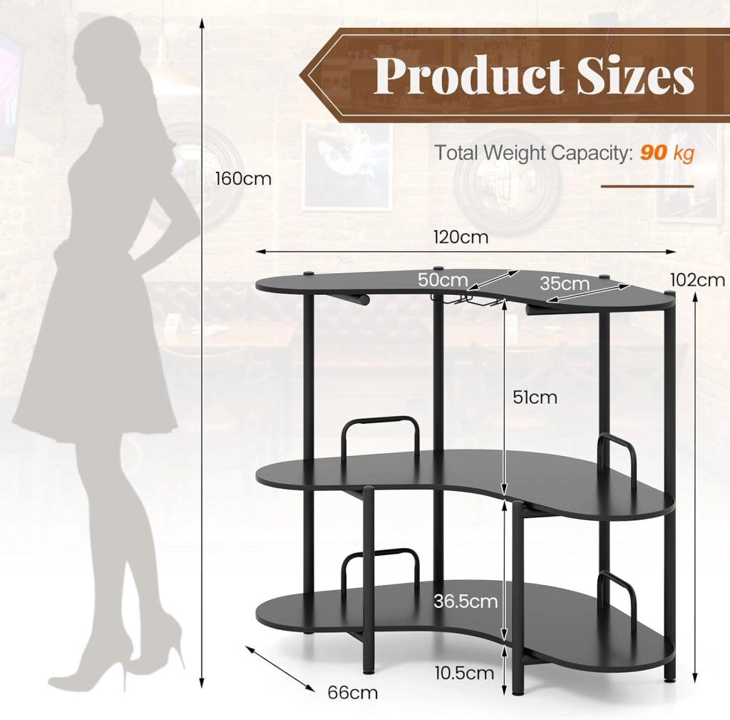 Unità Bar per Liquori, Tavolo Bar Angolare a 3 Ripiani con Portabicchieri da Vino, Altezza Corretta, Paracolpi Metallico Elevato, Scaffale per Vino per Cucina, Sala da Pranzo, Pub (nero)