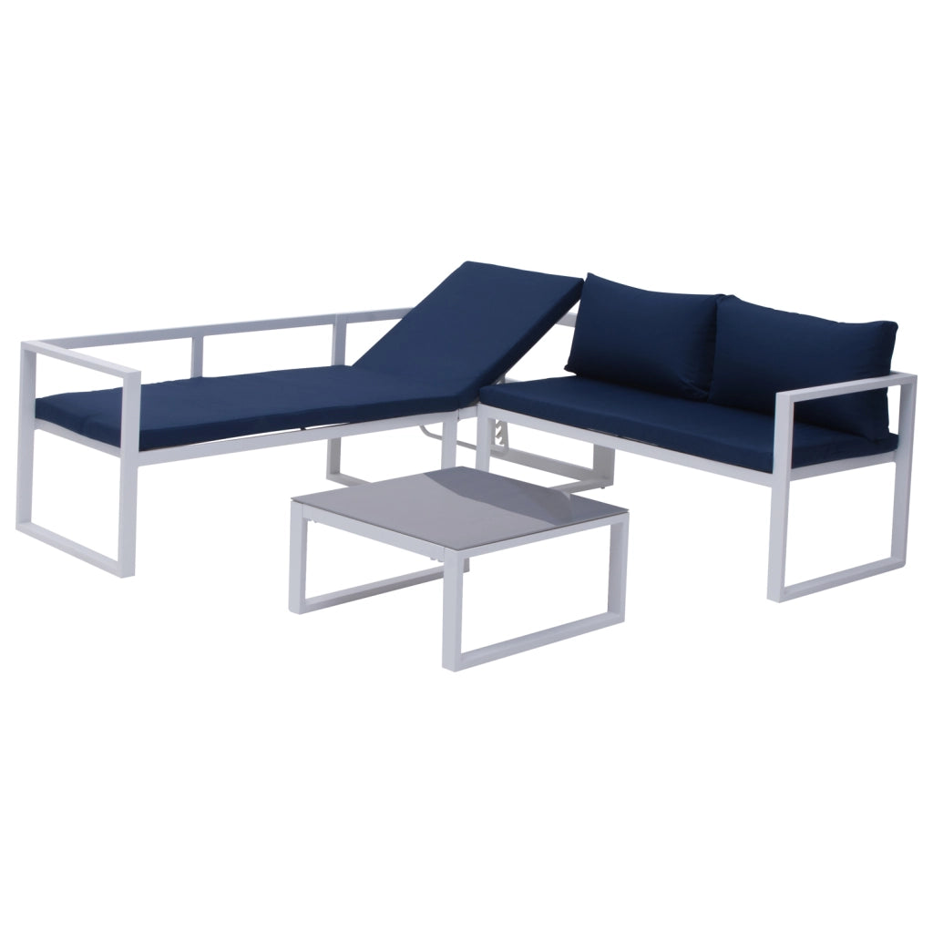 Set di mobili da giardino componibili IBIZA in tessuto blu, 7 posti a sedere - alluminio bianco