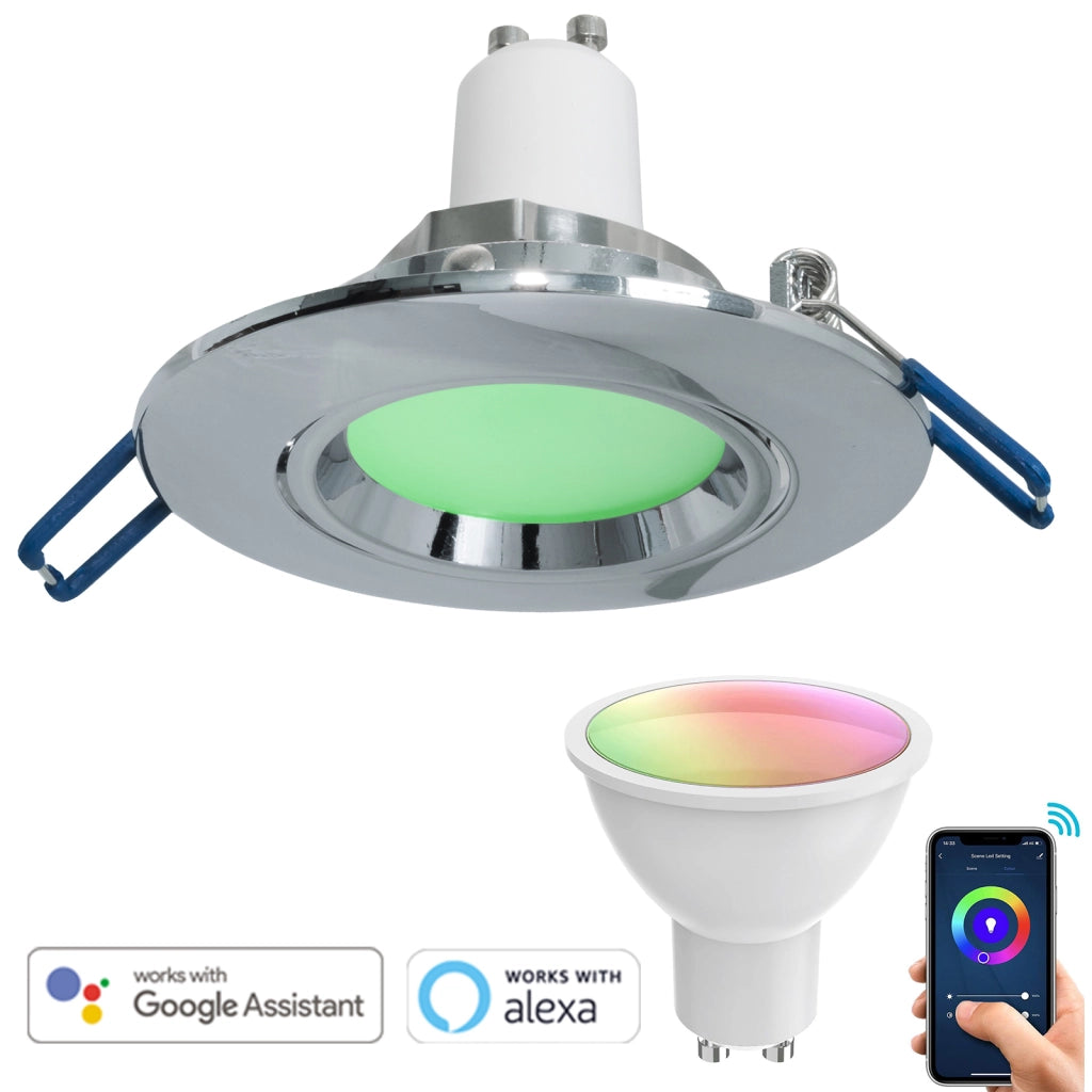 Faretto SMART Alexa Google incasso 7cm lampada LED 5W orientabile WiFi GU10 RGB CCT da 2700K-6500K 230V soffitto SILVER