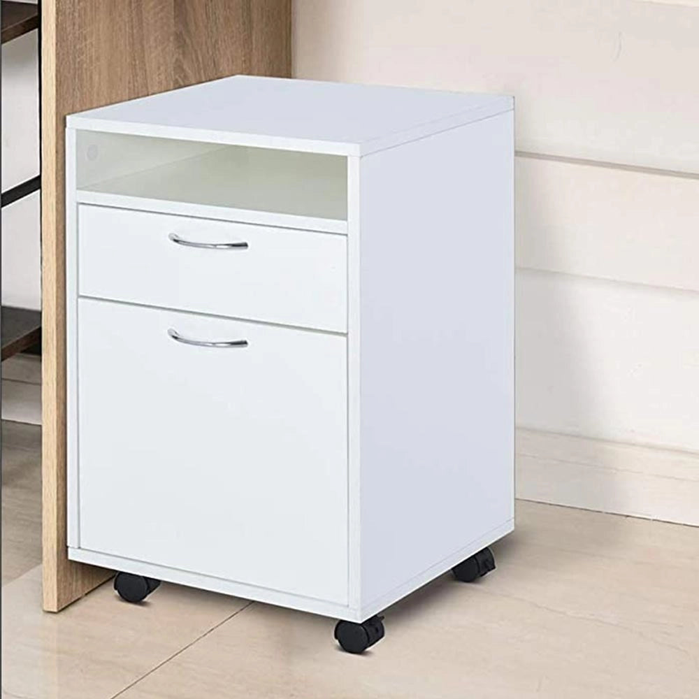 Cassettiera Scrivania Casa Ufficio Legno MDF con Cassetto e Anta 4 Ruote Bianco