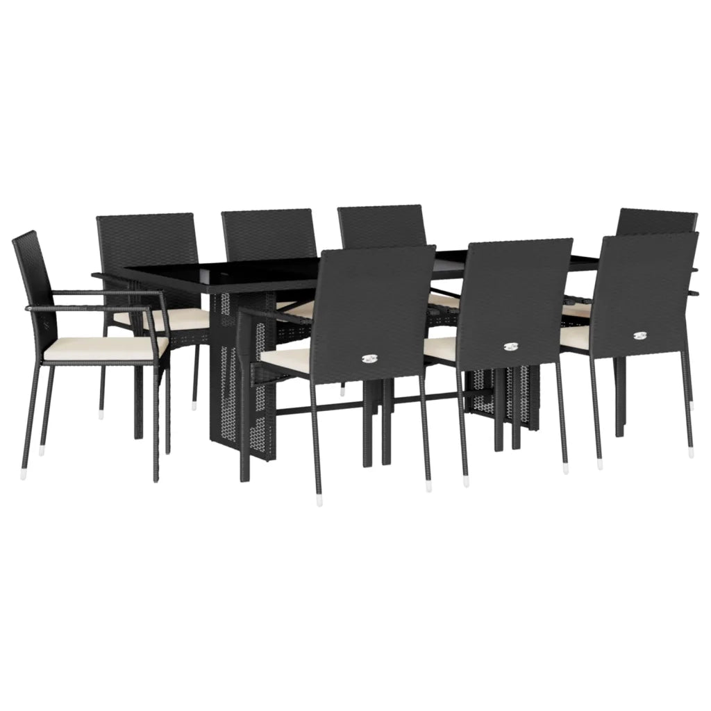 Set da Pranzo da Giardino 9 pz con Cuscini Nero in Polyrattan
