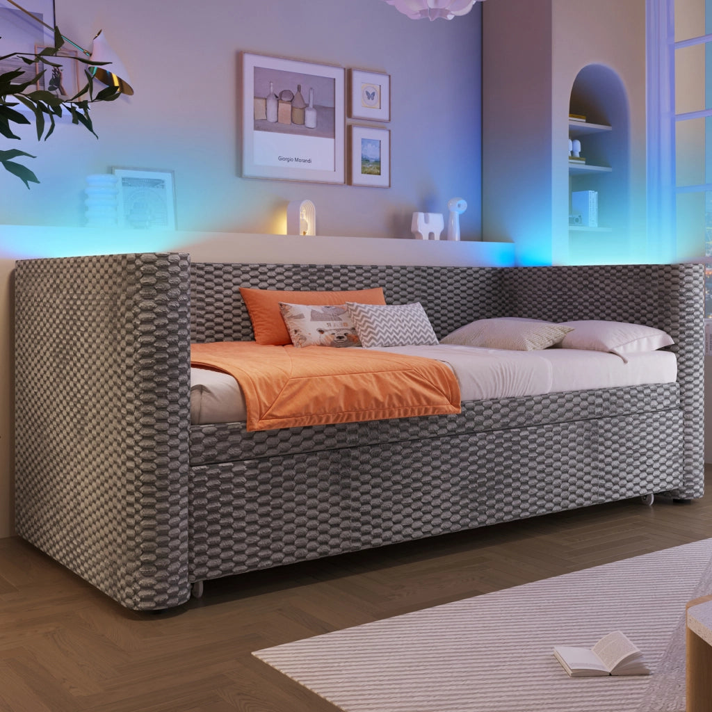 Letto 90x200 cm con letto estraibile e LED in velluto