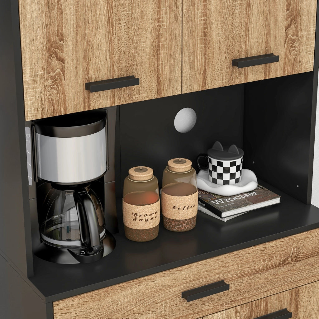Credenza Cucina 80x40x180 cm con 2 Armadietti a 2 Ante e Cassetto in Legno Nero e color Legno