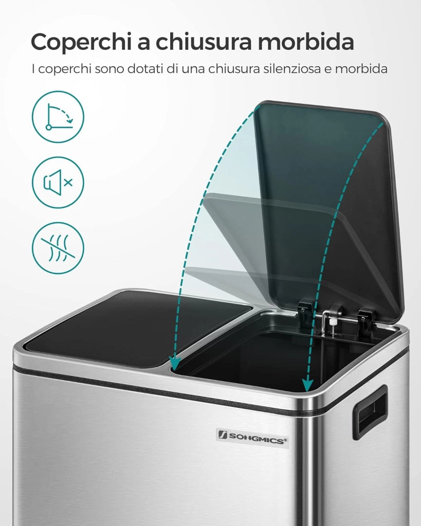 SONGMICS Cestino da Cucina, Doppio Secchio 2 x 15L per Raccolta Differenziata, Pattumiera a Pedale, Coperchi a Chiusura Morbida, Acciaio, Argento Metallizzato e Nero Inchiostro LTB30H