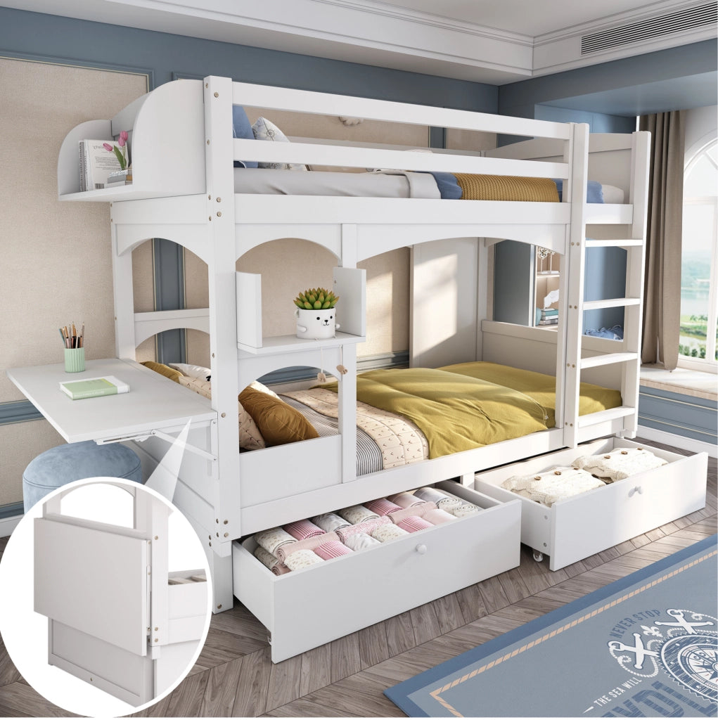 Letto a castello per bambini 90x200 cm in legno massello e MDF bianco con scrivania pieghevole e 2 cassetti