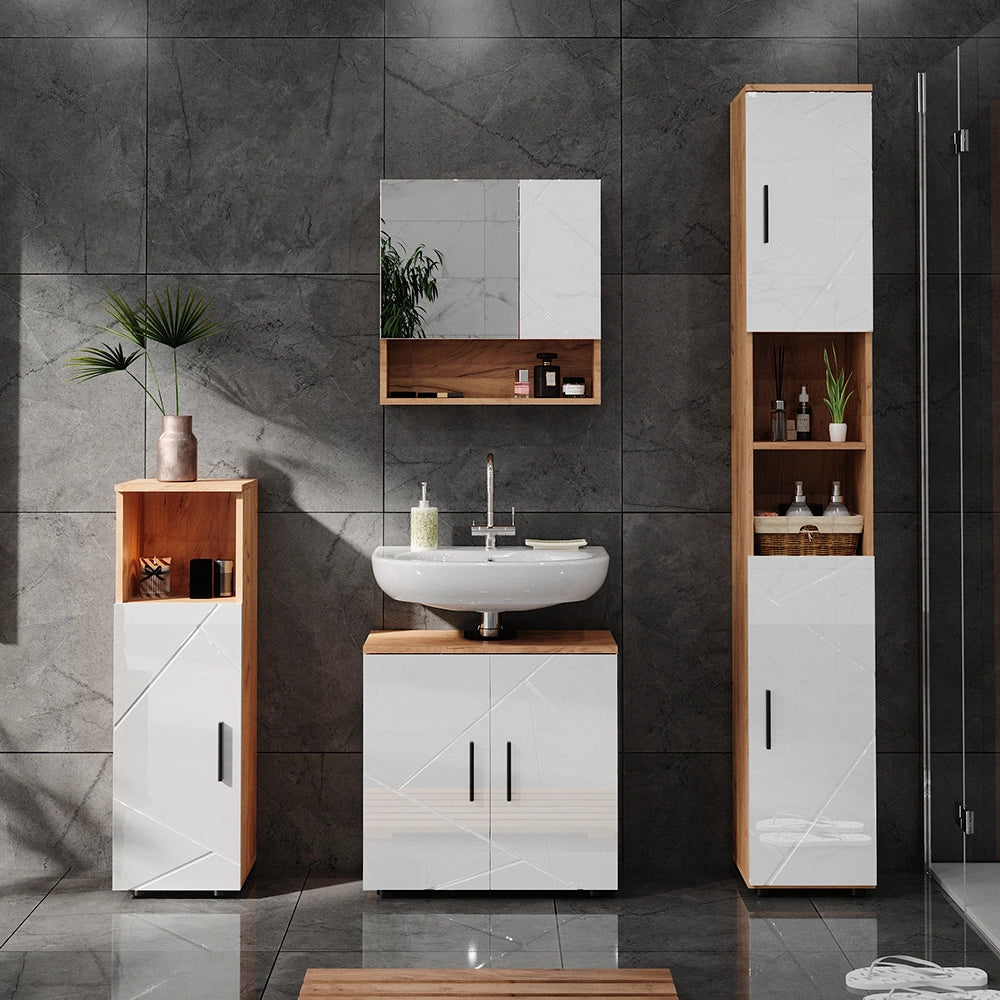 Armadio per il bagno Irma Bianco lucido/Rovere dorato 30 x 192 cm con ante e vani a giorno Vicco