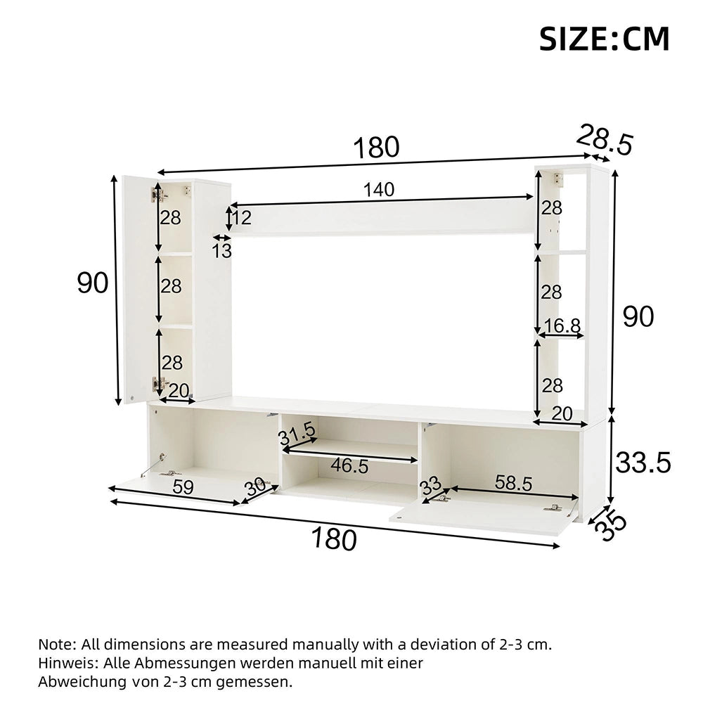 Set TV a Parete Completo 4 Pezzi 180x35x33.5cm - Xylo - con Vetrine, Bianco, fino a 80"