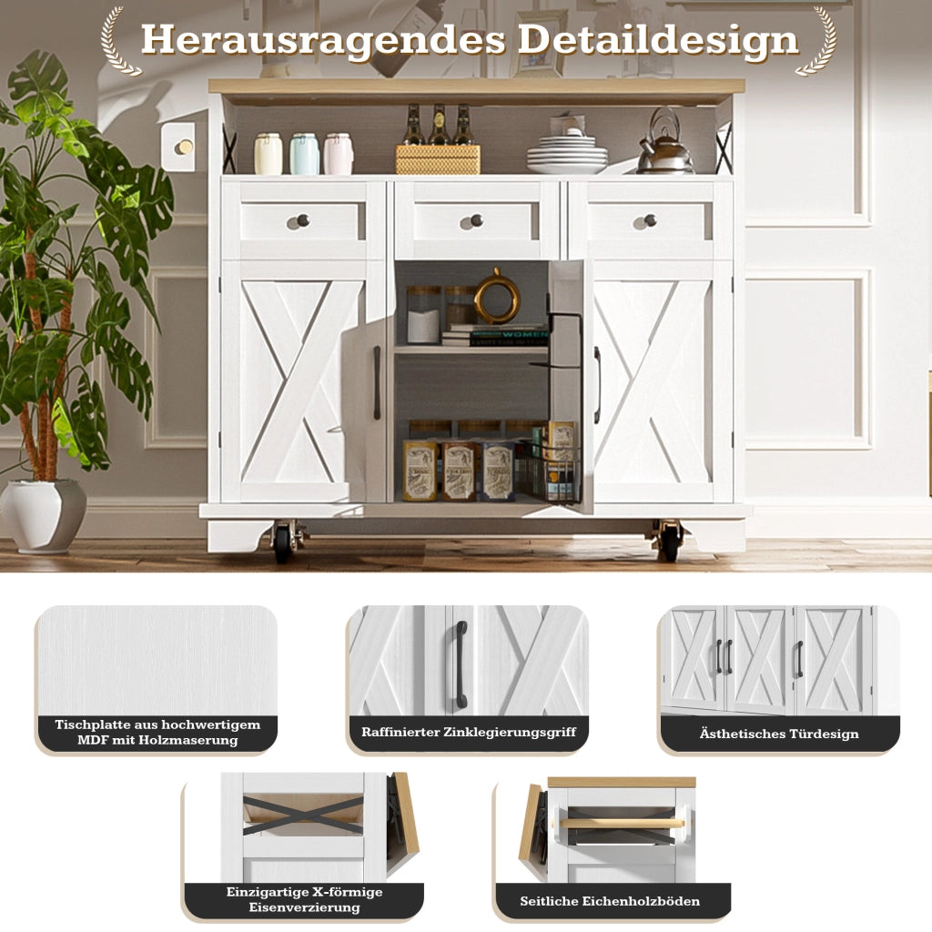 Isola da cucina con 3 cassetti; piano ribaltabile; portaasciugamani e ruote; in MDF e metallo; 118 x 43-70 x 98 cm; bianco