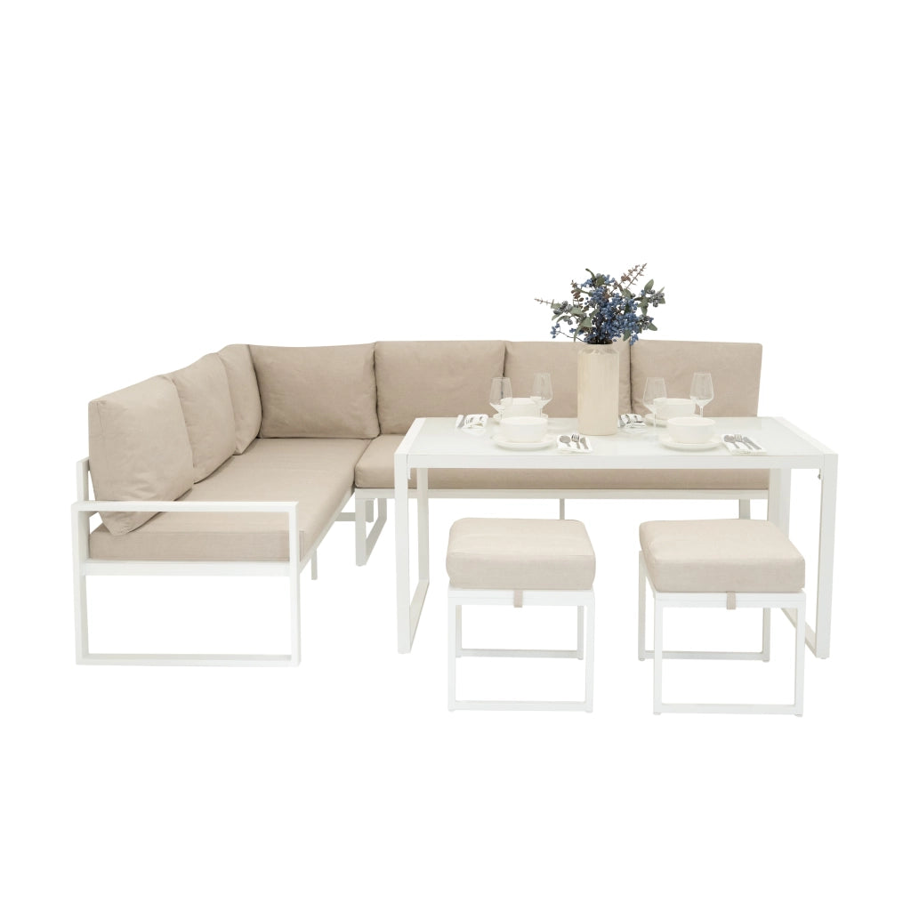 Set Mobili da Esterno in Alluminio Divano Angolare Tavolino Sgabelli Bianco
