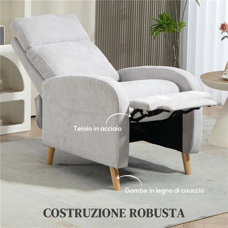 POLTRONA RECLINABILE 150¦ MAX CON POGGIAPIEDI IN TESSUTO EFFETTO LINO 68X90X106 CM GRIGIO CHIARO