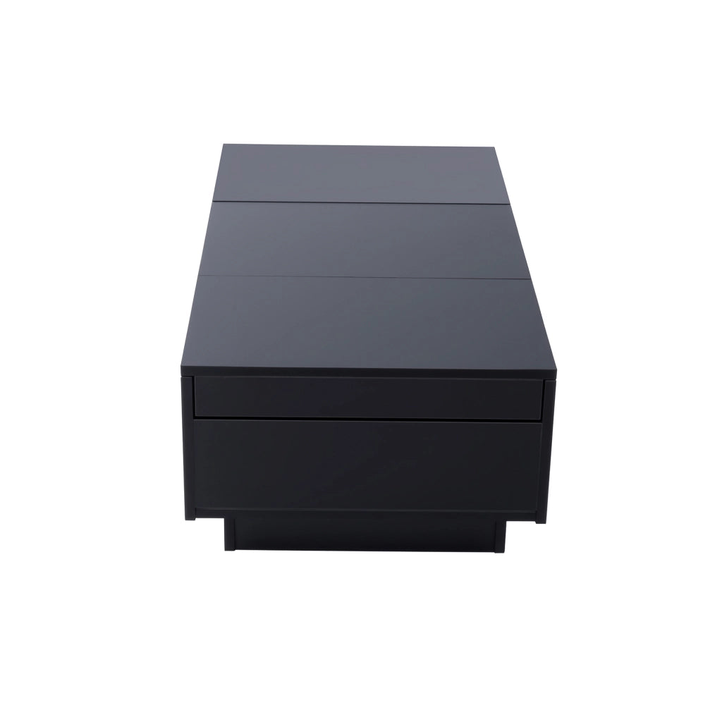 Tavolino da salotto 100x31x50 cm; piano lucido parziale con 2 cassetti; pannello truciolare nero